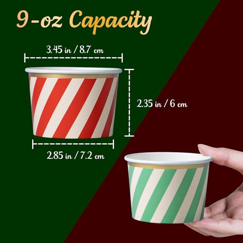 Image of Confettiville Paper Ice Cream Cups, 50-Count 9-Oz Disposable Dessert Bowls for Hot or Cold Food, 9-Ounce Christmas Party Supplies Treat Cups, Red and Green Diagonal Stripes, Gold Foil