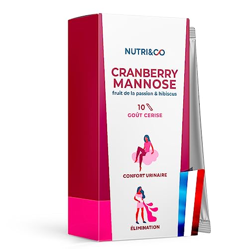 NUTRI & CO Cranberry + D-Mannose + Hibiscus - Inconfort Urinaire Flore Intime - Cure Naturelle de 5 jrs - 10 Sticks Pratiques et Discrets au Dosage Efficace - Poudre Arôme Cerise - Fabriqué en France