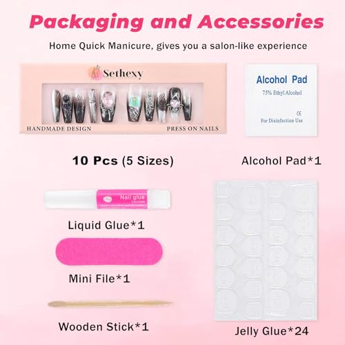 Sethexy Long Coffin Handmade False Nails - Goth Rose, 3D Design, Rhinestone, Gradient Press on Nails Women Salon Stick on Nails 10PCS - Image 4