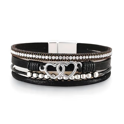 Heart Wrap Leather Bracelets for Women, Multi-Layer Boho Cuff Bangle with Pearl Crystal Beads Chain Stackable Bangles Anniversary Mother's Day Birthday Christmas Jewelry Gifts for Her