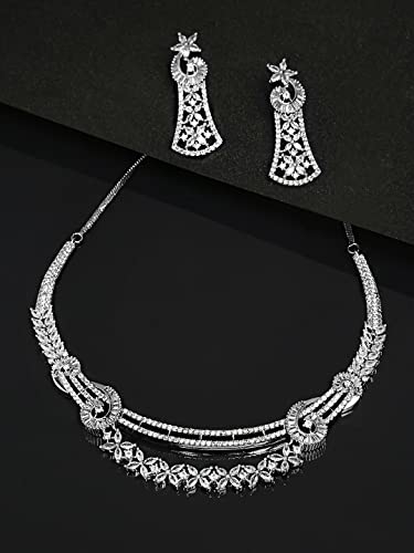 Image of Yellow Chimes Jewellery Set for Women and Girls American Diamond Jewellery Set | Rosegold Rhodium Plated AD Necklace Set for Women | Birthday Gift for Girls & Women