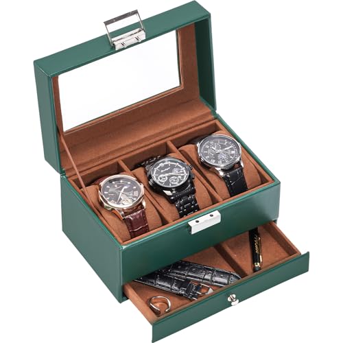 ProCase Watch Box, 3 Slot Watches Display Case with Drawer, Mens Watch Case with Glass Lid, 2-Layer Mens Jewelry Organizer Storage Holder, Birthday Va