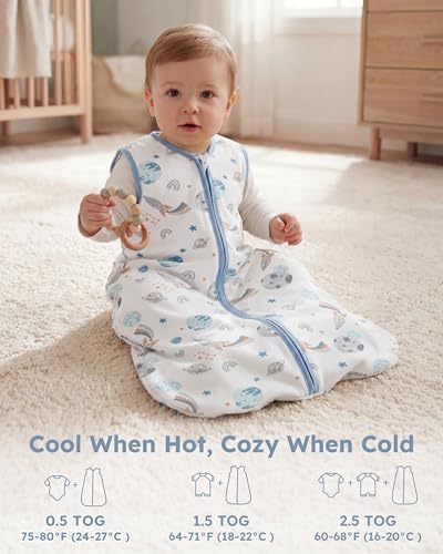 Nyessmee Baby Sleep Sack 6-12 Months 0.5 TOG, 100% Cotton Baby Wearable Blanket 2 Pack with 2-Way Zipper, Lightweight Sleep Bag for Boys ＆ Girls Newborn Infant Breathable Sleeing Sack Blue Rokets — view 7
