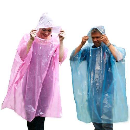 Start and Drive Ltd Poncho Rain Coat Waterproof Plastic Adult Size with Hoods men and women emergency disposable Pocket size Foldable Thin and Strong Hiking Keep Dry (1 pcs Pink + 1 pcs Blue)