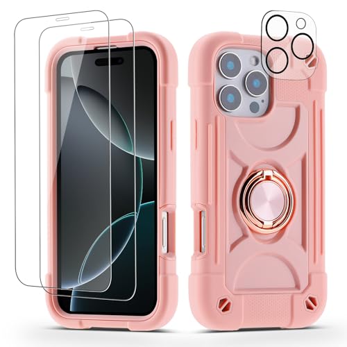 Cookiver for iPhone 16 Pro 6.3 inch Case - Heavy Duty Shock Resistant Military Grade Rugged Case with Ring Stand, Glass Screen Protector and Camera Lens Protector Pink