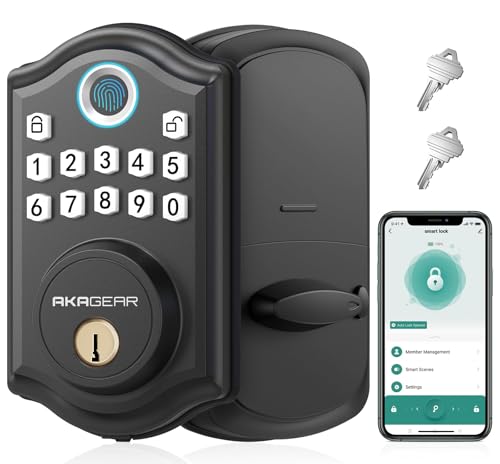 Image of AkaGear Keyless Entry Door Lock with Fingerprint - Electronic Keypad Deadbolt, Smart Locks for Front Door, Auto-Lock & One Touch Locking with Bluetooth, Password Code, APP Control, Matte Black