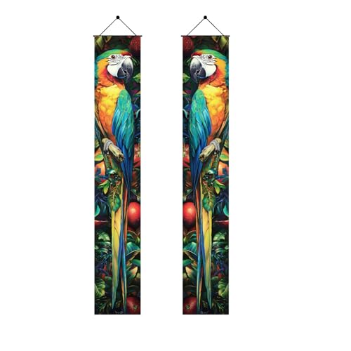 Image of BlissYard 2pcs Summer Door Banner Hawaiian Tropical Parrot Porch Sign Banner Tropical Floral Colorful Parrot Wall Hanging Banners for Outdoor Spring Summer Tiki Bar Decor Party Supplies