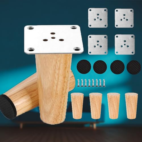 4 Pack Furniture Legs, Wooden Sofa Legs, 8cm Wood Furniture Feet, Straight Solid Tapered Wood Replacement Leg with Non-Silp Pads,Screw& Mounting Plate For Table Chair Cabinet Bed Dresser Replace Legs