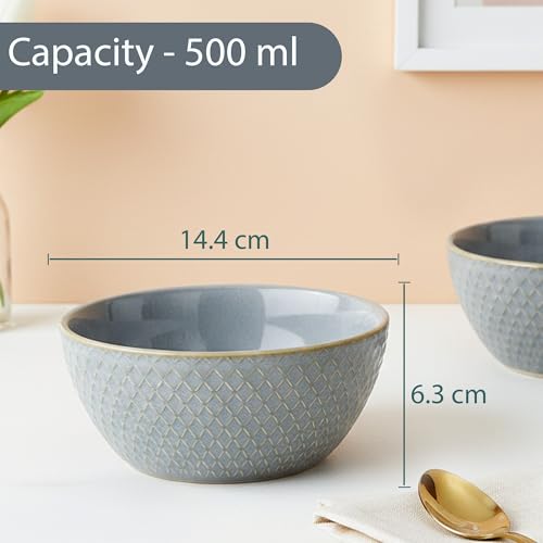 Image of The Earth Store Grey Embossed Ceramic Bowl Set of 2 - 500ML Each | Ceramic Mixing Bowls for Snacks, More | Rice, Dal, Fruits, Salad | Microwave Safe Bowl Set | Perfect for Gifting & Daily Use