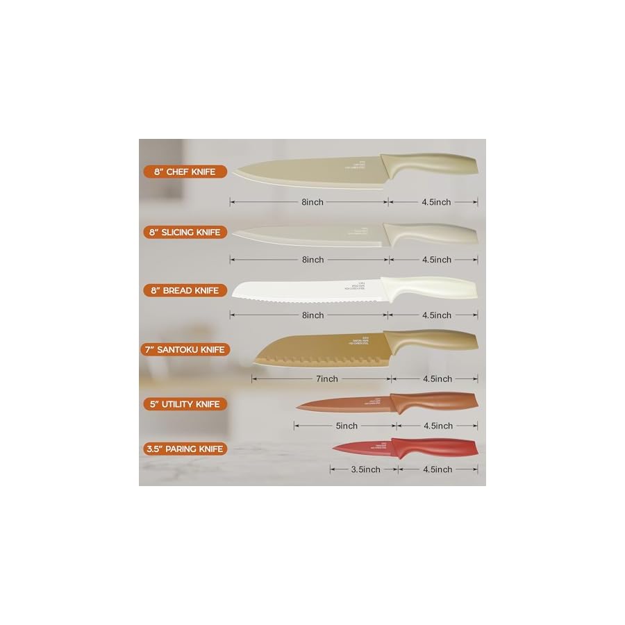 E-far 12-Piece Kitchen Knife Set, Stainless Steel Chef Knives Set with 6 Blade Guards, Sharp Kitchen Cooking Knife with Ergonomic Handle, Anti-Rust & Easy to Clean (Multicolor)