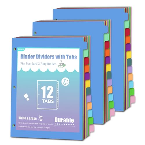 Image of 12-Tab Binder dividers with tabs for 3 Ring Binder, Write & Erase, Dividers for 8.5 x 11'' Letter Size Papers, Assorted Color, 3 Set, Ideal for Student, Teacher