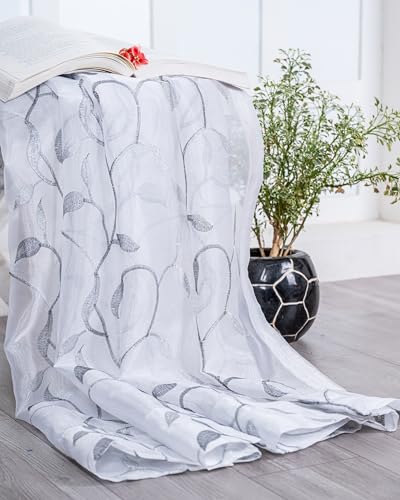Image of (7 Ft Embroidered Tissue Curtain | Small Leaf Floral Design Grommet Curtains Window Curtain |Vintage Classical Floral Print | For Home | White & Grey(Pack Of 1) | 213 L X 121 W Centimeters
