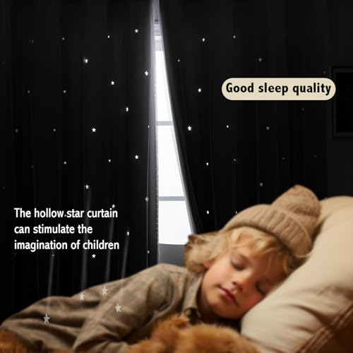 Image of indistar Colourful Stripe Star Cut-Out Blackout Curtains for Bedroom,2 Layers Mix Design of Fabric & Tulle,Pretty Window Curtain for Kids Room 1 Panel (W52 x L63 Dark Grey)
