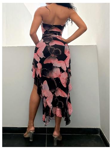 Image of Verdusa Women's Butterfly Print Ruffle Dress Thigh Split Strapless Bodycon Tube Dress