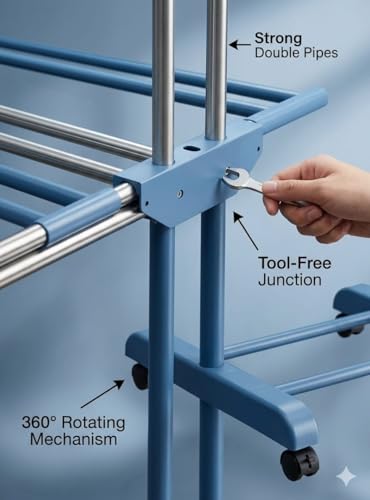 Image of 3-Tier Metal Clothes Drying Stand with 360 Rotating Wheels, Foldable Hanger Stand for Indoor and Outdoor Use, Blue