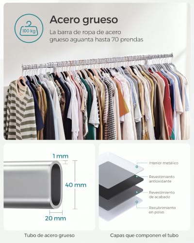 Miniatura 3 de Songmics Burro Ropa Con Ruedas, Perchero Burro Extensible Con Carga Pesada, Capacidad De Carga Máx. De 100 Kg, 45 X 92-132 X 161,5 Cm, Fácil De Montar, Portátil, Plata Hsr13s