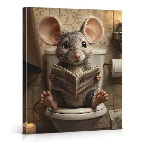 Funny Mouse Bathroom Wall Art Print - Cut Rat on Toilet Poster Picture - Funny Bathroom Wall Decor for Restroom Washroom Canvas Framed 8x10 Inches