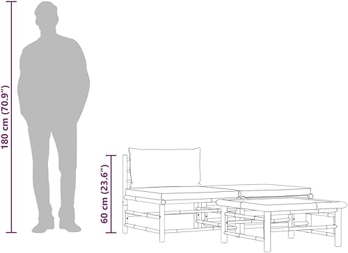 Miniatura 5 de vidaXL Juego de sala de patio de 3 piezas con elegantes cojines gris oscuro, muebles de exterior de bambú, sofá medio, reposapiés, mesa auxiliar