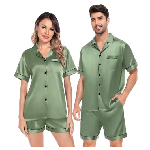 Conjunto de pijama de cetim para casal SWOMOG, com botões, sedoso, para mulheres e homens, roupa de dormir de manga curta, 2 peças, Matcha, XGG
