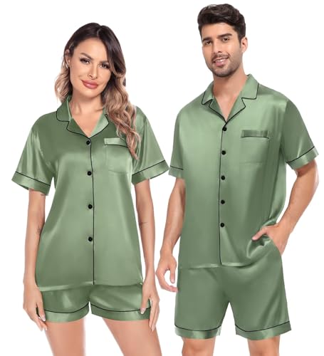 Image of SWOMOG Satin Matching Pajamas Sets Couple Silk Button Down Nightwear Women & Men Short Sleeve Sleepwear 2 Pieces Loungewear