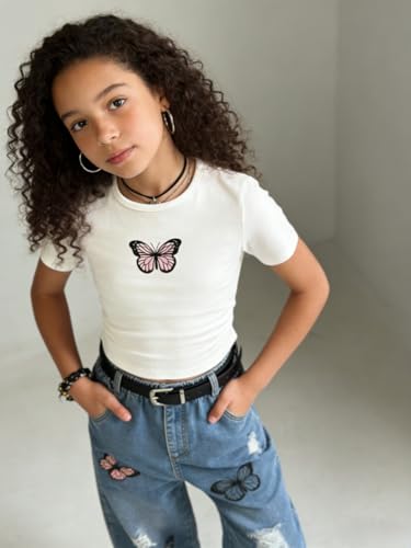 Image of Azmxynol Tween Girl Clothes Short Sleeve Top + Butterfly Design Jeans 2 Pieces Spring Summer Outfit Set, Size 6-16 Years