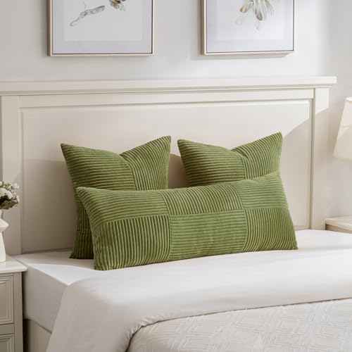 Image of Fancy Homi 2 Packs Moss Green Decorative Throw Pillow Covers 20x20 Inch for Living Room Couch Bed Sofa, Farmhouse Boho Home Decor, Soft Corss Corduroy Patchwork Accent Square Cushion Case 50x50 cm