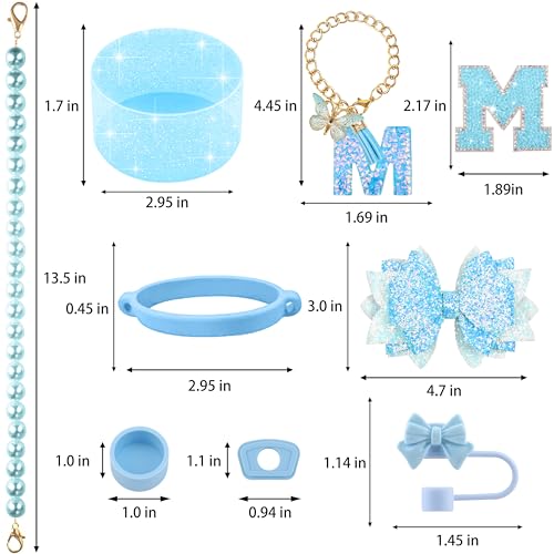 Hpebl 9PCS Blue for Stanley Cup Accessories Set Bling Initials Bow Charms for Stanley Decorations 30/40 Oz Tumbler Accessories Including Bow Straw Topper, Handle Strap, Spill Stopper（Letter M） — view 3