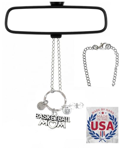 Rear View Mirror Car Charm Ornament, Sun Catcher, Hanging Pendant, Stainless Steel Chain and Crystal Accents, Packaged in a Gift Bag (Basketball Mom)