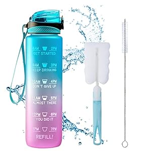 Drinkfles, 1 liter drinkfles met tijdsignalen, kunststof, blauw en roze met rietje voor kamperen, fietsen, sport, blauw en paars