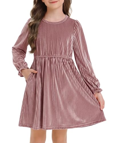 Stelle Girls Long Sleeve Velvet Dress with Pockets Ruffled Crew Neck Midi A-Line Dresses Vintage Formal Party Winter Outfits (Rose Clay XXL)