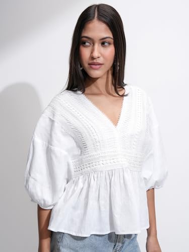 Image of Tokyo Talkies Women's Three-Quarter Sleeves V-Neck Self Design Tops|Stylish | Casual Wear