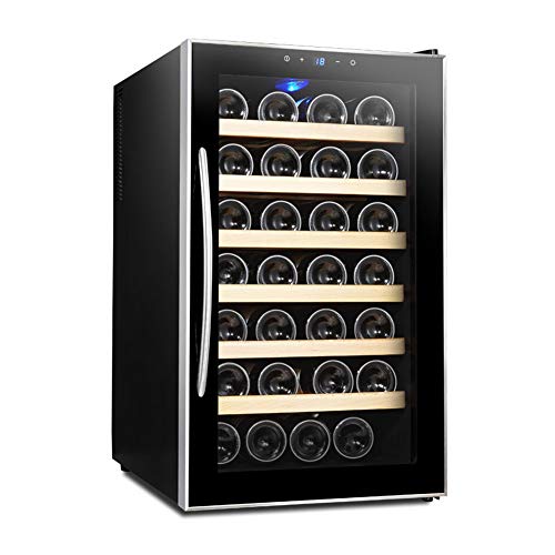 Weinkeller 28 Flaschen Schutz 70L, Kühlschrank Zu Trinken Von Touch Panel Steuerung, Tür Ausgeglichenes Glas Beleuchtung LED-Innen 7 Holz Buche