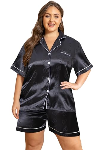 Image of Vozanet Women's Short Sleeve Satin Pajama Sets Silky Ladies Button Down Loungewear Plus Size Nighty Shorts Sets XL to 5XL