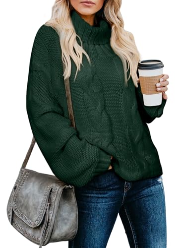 Dokotoo Womens Winter Outifits Fall Casual Turtleneck High Neck Long Sleeve Cable Knit Sweaters Pullover Outerwear Green M
