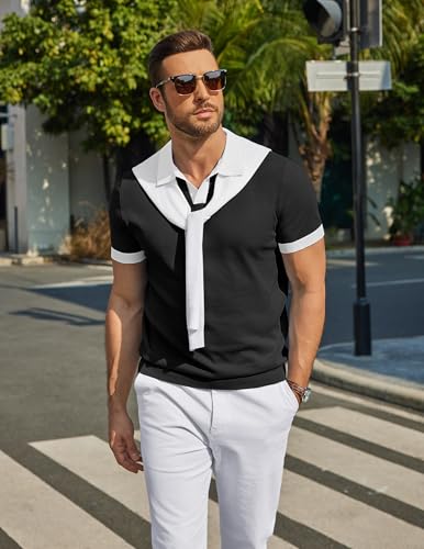 Image of COOFANDY Men's V Neck Short Sleeve Stretch Knit Polo Shirt