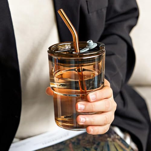 Image of Kamvy Glass Tumbler with Lids and Straw Pack of 1, Elegant Coffee Sipper Bottle with Leather Sleeve,Glass Drinking Cup Mason for Iced Tea, Juice, Cocktail, Cold & Hot Drinks Mug 450ml (Amber)