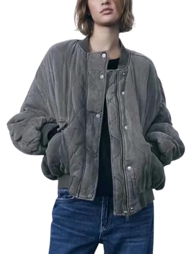 InterNos Womens Fall Winter Lightweight Quilted Padded Coat Baggy Slouchy Crewneck Bomber Jacket