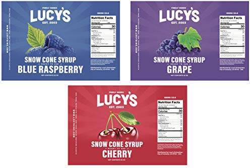 Lucy's Shaved Ice Snow Cone Syrups with Pourers - Cherry, Blue Raspberry, Grape - 32oz Syrup Bottles (Pack of 3) (Classic Pack)