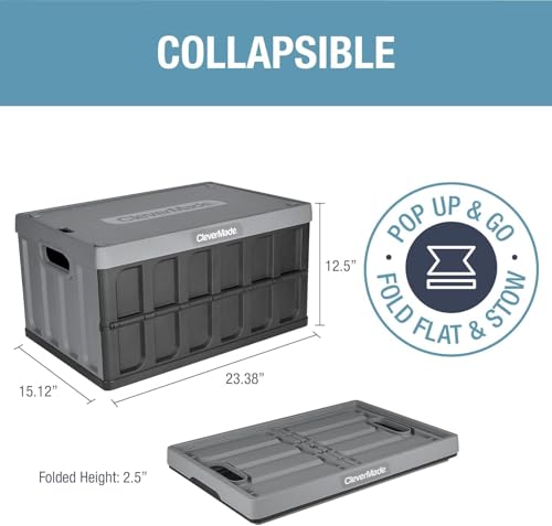 CleverMade Collapsible Storage Bin (With Lid), Charcoal, 3PK - 62L (16 Gal) Folding Plastic Stackable Utility Crates, Holds 100lbs Per Bin - Solid Wall CleverCrates for Organizing, Storage, Moving