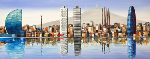 Cuadro Pintado Skyline de Barcelona Azul 148x60 cm, Torre Agbar, Colón, Tibidabo, Sagrada Familia...100% Original sobre lienzo, listo para colgar, pintado a mano, firmado por el artista
