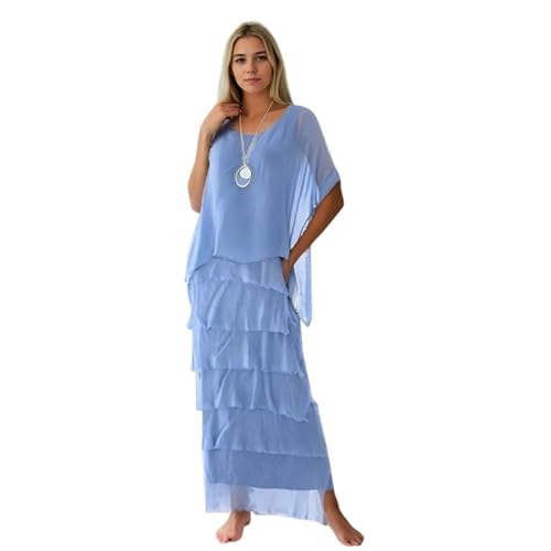 Alam Exclusive Ladies Womens Italian Lagenlook Plain Short Sleeve Frill Frayed Detail Silk Midi Maxi Dress One Size (as8, Numeric, Numeric_8, Numeric_16, Regular, Regular, Denim)