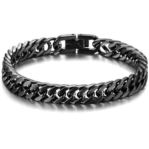 AFSTALR Schwarz Armband Herren Edelstahl Armbänder Panzerkette 8mm Breite Glatt Kubanische Cuban Armreif Men's Bracelets Schmuck Jewellery Geschenk für Männer Jungen 18cm