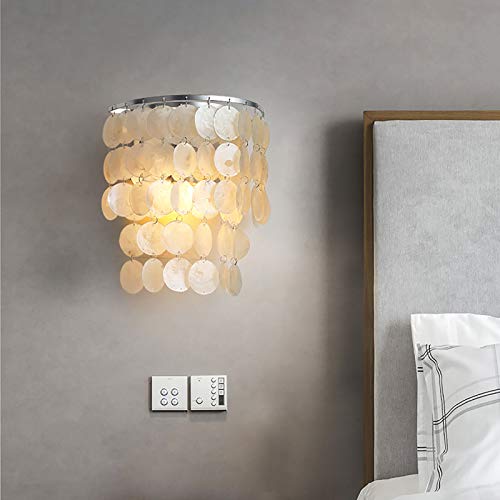 TFCFL Nature White Shell Wall Lamp Sconce Satin Nickel Seashell Decor Light, Round Chandelier with Round Seashells Natural White DIY Pendant Light for Living Room Bedroom, 60 W