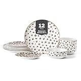 Christian Siriano Majestic 12-Piece Dinnerware Set Porcelain, Plates and Bowls Set, Dishwasher and Microwave Safe, Dish Set for 4, Multicolored