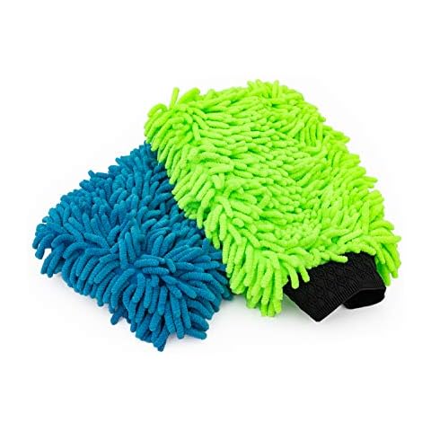 The Rag Company - Premium Chenille Microfiber Knobby Wash Mitts - Perfect for Car Washing and Detailing; Scratch-Free, Lint-Free, Double-Sided, Plush, and Absorbent; Lime Green + Blue (2-Pack) Cover