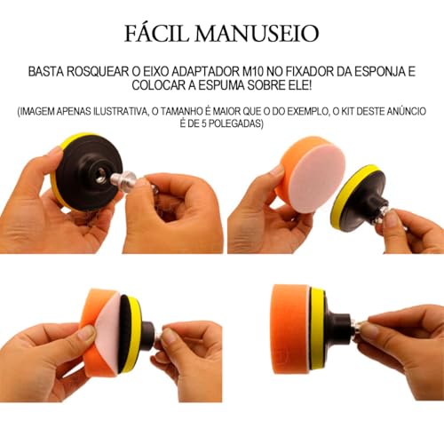 Kit De Boina para Polimento 5 Polegadas 125mm Automotivo com 11 Peças e Adaptador M10 para Furadeira