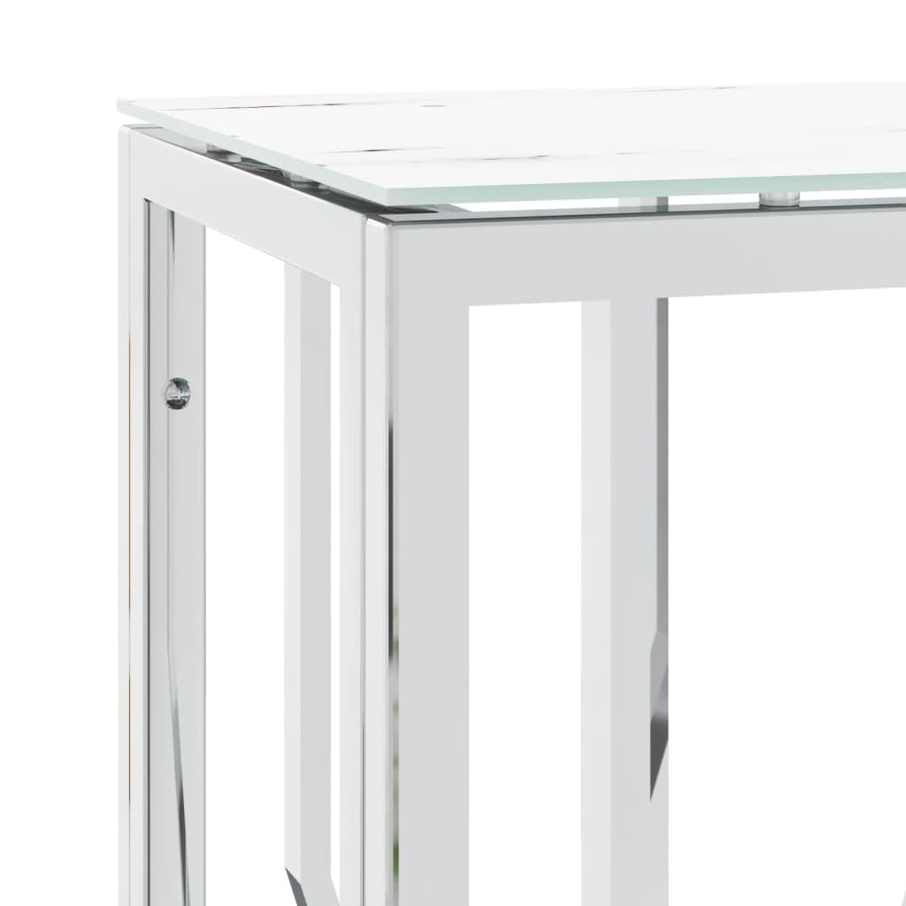 Srebrny stół do konsoli 70 x 30 x 70 cm ze stali nierdzewnej, wąski stolik boczny ze szkła hartowanego, nowoczesny design do salonu przedpokój