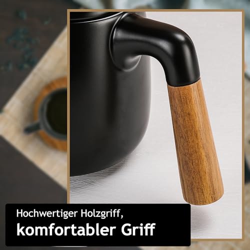 Foto von MIAMIO - 1 Liter Keramik-Teekanne-Set mit Siebeinsatz und Tassen/Teesieb, 4 Keramik-Teetassen (300 ml), Bambus-Untersetzer/Henkel für Haus und Büro (Schwarz)