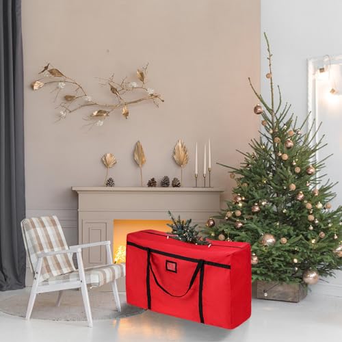 Image of Christmas Tree Storage Bag, Fits 4-5 Ft Artificial Trees, Red | Wide Dual-Zipper Opening, Reinforced Handles, Clear Label Pocket, Tear-Resistant 600D Oxford, Dust and Moisture Protection