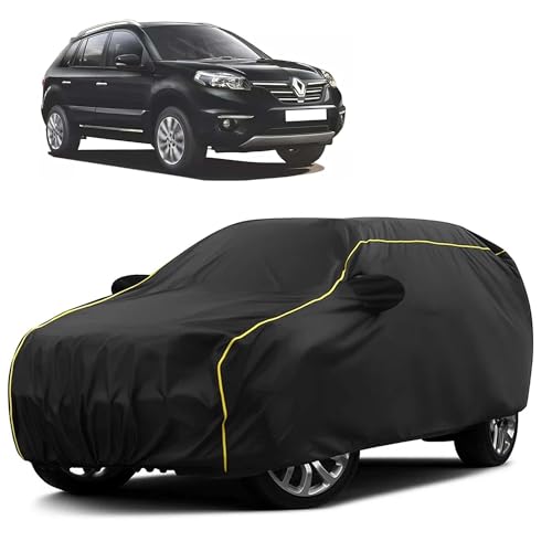 Image of Sulfar 100% Water Resistant Car Body Cover Compatible with Mirror for Renault Koleos (Triple Stitched, Full Bottom Elastic, Black Taffeta with Yellow Piping)